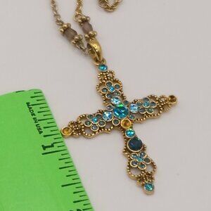 Blue Crystal Embellished CROSS Gold Tone Pendant Beaded Necklace